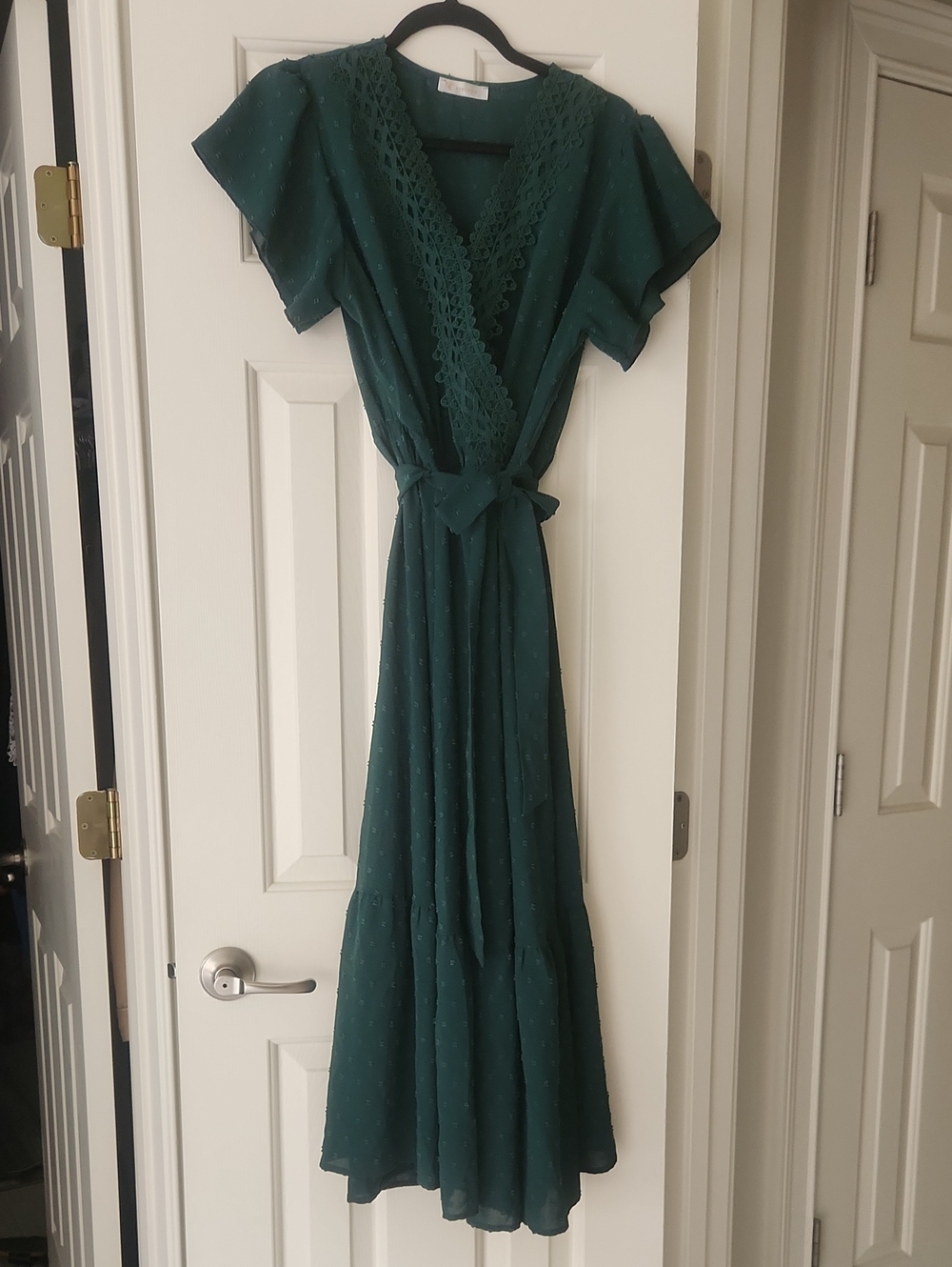 Emerald Green Wrap Maxi Dress with Lace Trim